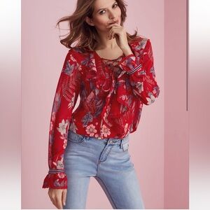 Pia Rossini Ruffle Red Floral Chiffon Blouse Top Large